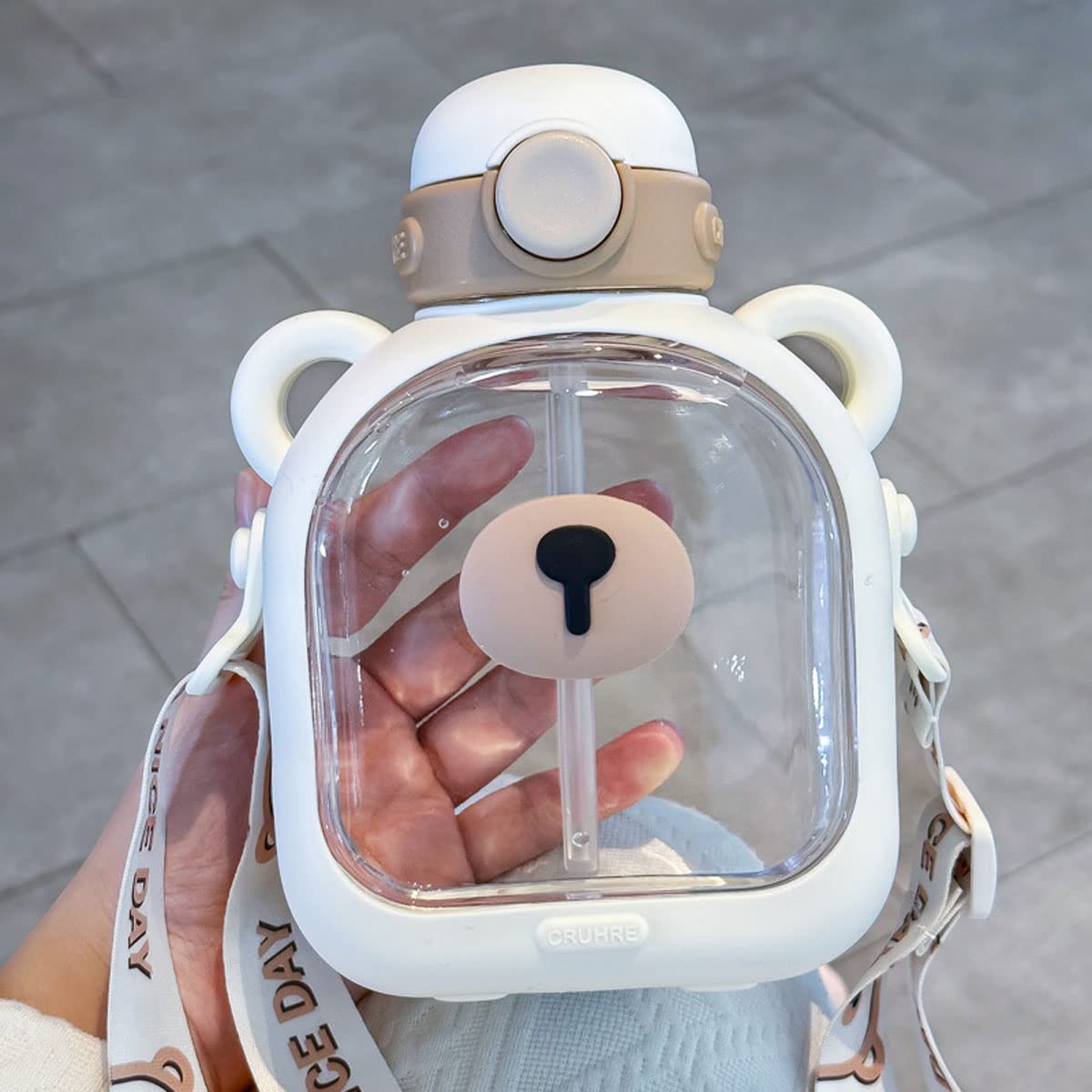 FEUSEUZ Kawaii Bear Water Bottle 24 oz – Clear Square Bottle with Straw & Strap, White