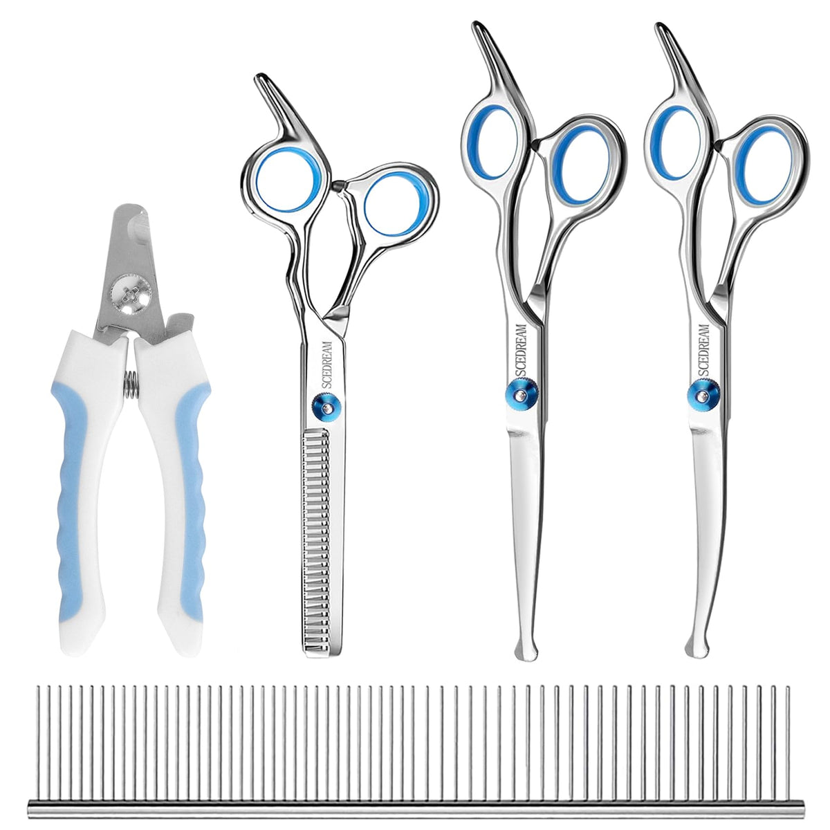 SCEDREAM Dog Grooming Scissors Kit – 5-Piece Safety Round Tip Shears Set, Blue